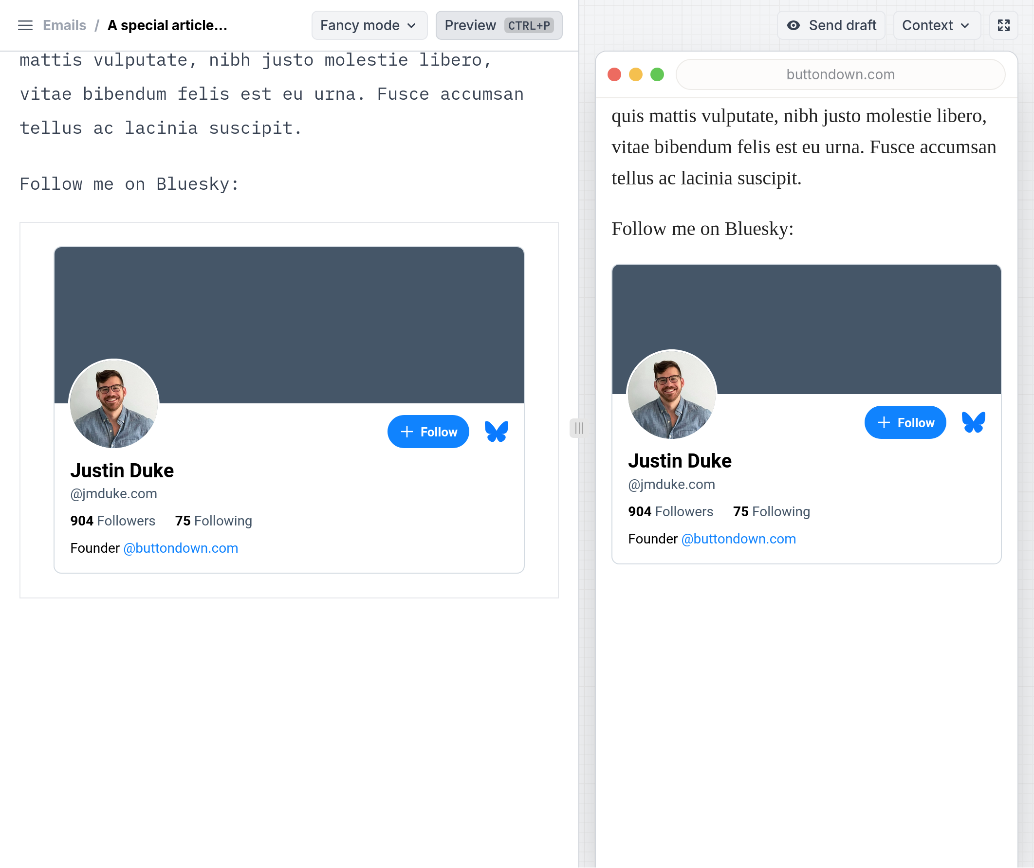 Buttondown editor with the preview open, the email contains a Bluesky profile embed