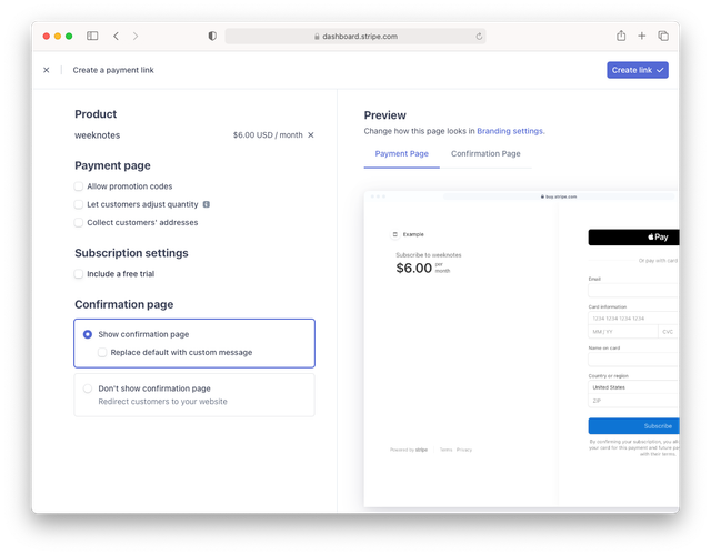 The screen to add a new Payment Link in Stripe.