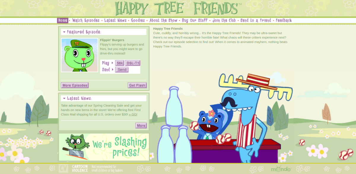 A screenshot of the Happy Tree Friends home page from 2001. It displays two of the show’s main characters, beneath a featured episode thumbnail and a Latest News section