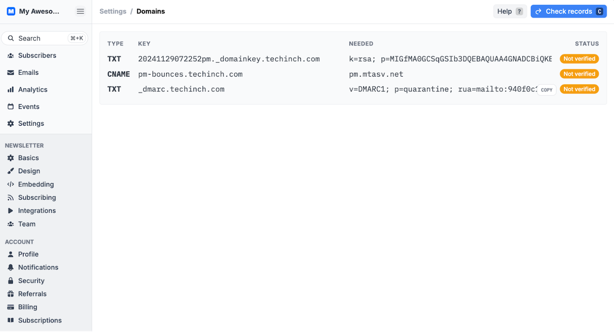 Buttondown's custom domain setup screen, with the option for manual DKIM settings.