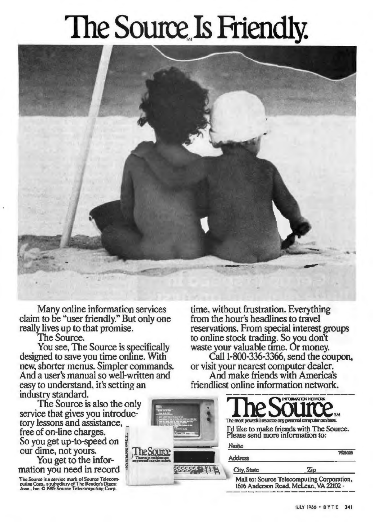 A photograph of two small children sitting on the beach with their arms around each other.